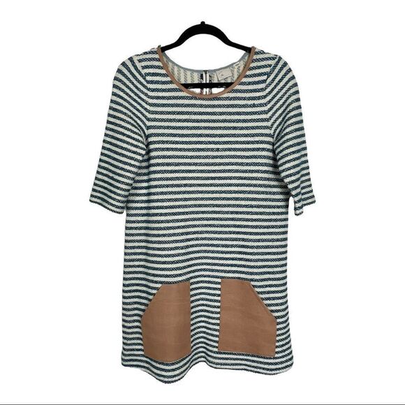 Anthropologie Women’s Tunic S Beige Blue Stripe Short Sleeve Scoop Neck - Picture 6 of 9